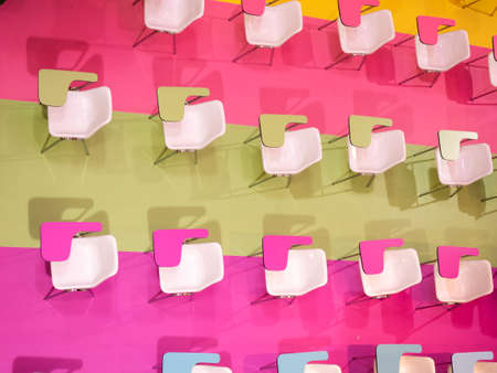 18 March'21 MBK Center Bangkok Thailand : The White Chairs Lined up on Multi-colored Striped Floorのeditorial素材