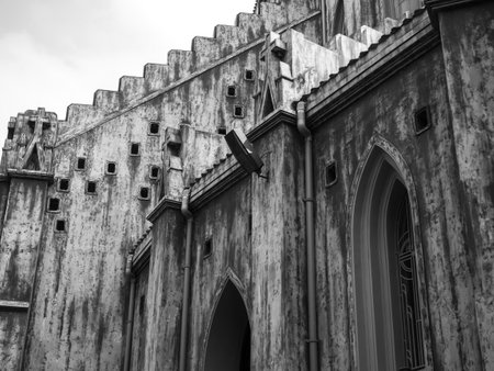The Building Pattern of St.Joseph Cathedral is Colonial Style Church Architecture in Hanoi Vietnam , Black and White Imageの写真素材