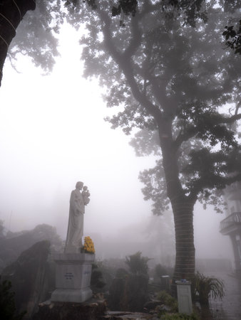 Saint Statue Standing to Hold Children with Yellow Chrysanthemum in The Church of Sapa City on a Foggy Day; Lao Cai Province Sapa Vietnamの写真素材