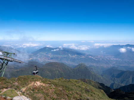 The Cable Car Pull Base from The Height in Cable Car has a Cable as far as The Eye can Seeの写真素材