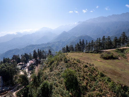The View form The Top of Sapa City Hill behind The Mountainsの写真素材