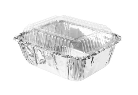 Rectangular Aluminium Foil Tray Clear Cover isolated on white backgroundの写真素材
