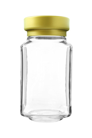 Empty Gold Cap Glass Bottle isolated on white backgroundの写真素材