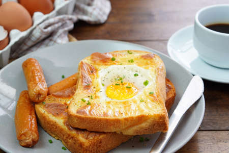 Homemade bread, bread, fried eggs and breakfast coffee