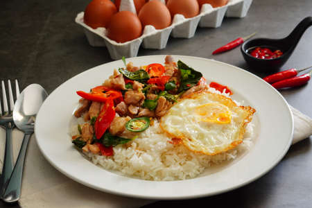Stir Fried Holy Basil & Fried Egg on Rice in a Round Plateの写真素材