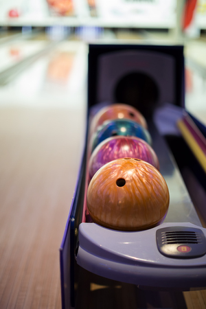 Close up of bowling balls with bowling lane in the background.の写真素材