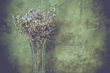 Dry flower in tall and transparent vase with old cement wall in the background in retro looks.の写真素材