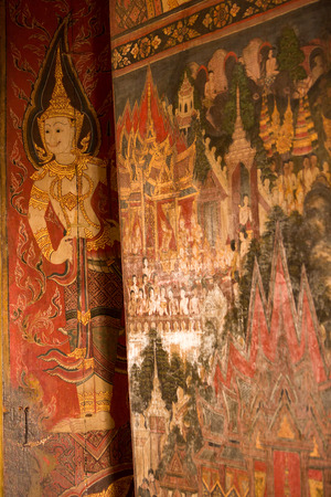 Thai literature and water painting in the Buddhaisawan Chapel, The National Museum Bangkok, Thailand with selective focus. The picture was taken in plublic place where photography and usage is allowedのeditorial素材