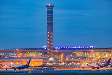 Bangkok, Thailand : September 25,2016 - Control tower at Suvarnabhumi international Airport in early morning.のeditorial素材