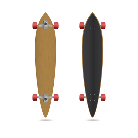Realistic longboard with wooden deck and red wheels isolated on white background, vector illustrationのイラスト素材