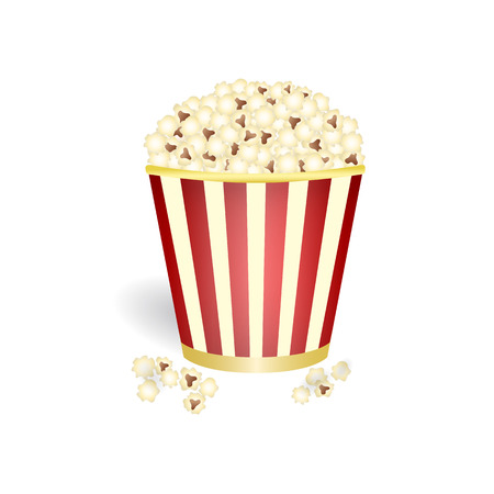 Pop corn in red and yellow basket with stripes isolated on white background, vector illustrationのイラスト素材