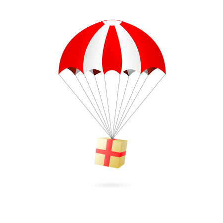 Red and white parachute with gift box isolated on white background, vector illustrationのイラスト素材