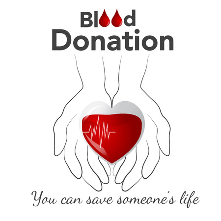 Blood donation, vector illustration, concept with heart, hands and heartbeat line on white backgroundのイラスト素材
