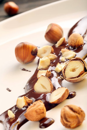 Walnuts in hot dark chocolateの写真素材