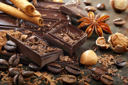 Dark chocolate with coffee beans cinnamon and star anise