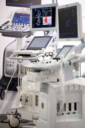 POZNAN, POLAND - APRIL 12 2016: Ultrasound equipment on Poznan International Fair SALMED 2016 Poland.のeditorial素材