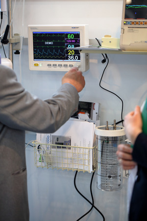 POZNAN, POLAND - APRIL 12. 2016: Equipment for intensive care on Poznan International Fair SALMED 2016, Poland.のeditorial素材
