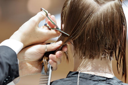 Hairdresser trimming brown hair with scissorsの写真素材