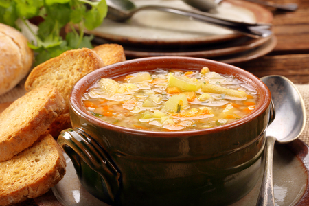 Autumn vegetable soup with toasts and space for text
の写真素材