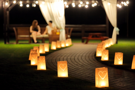 Night lighting path for walks in the garden with lantern summerhouseの写真素材