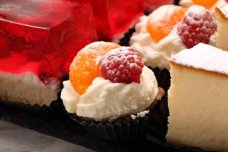Sweet cookies, closeup of various kinds of cakes on event or wedding reception