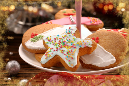 Christmas gingerbreads cookies on wooden table and empty space for textの写真素材