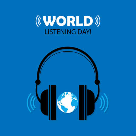 Vector illustration, Globe using headphones on a blue background. World Listening Day Concept, Music Day. suitable for posters, greeting cards, backgrounds and bannersのイラスト素材
