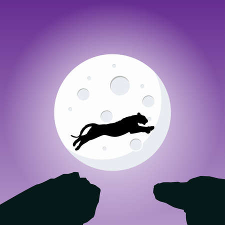 vector graphic illustration, silhouette concept of a tiger jumping off a rock on a bright moon background, suitable for, tiger day, posters, pictures, wallpapers and bannersのイラスト素材