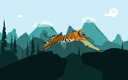 vector graphic illustration, tiger jumping off the rock against mountains background, suitable for,...
