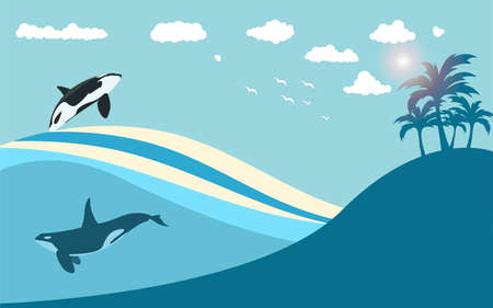 orca day, illustration, vector, ocean view, background, color, icon, diving, tropic, abstract, painting, backgrounds, aquatic, seascape, flat, sky, silhouette, horizon, sun, landscape, seagull, blue sのイラスト素材