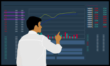 Vector Illustration, A young businessman working on a virtual future screen analyzing cryptocurrency financial stock market analyzing trading data charts investment growth charts index trading dataのイラスト素材