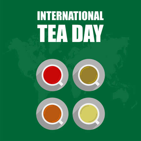 Vector of four tea cups with different flavors. isolated on a green background. perfect for international tea day posters, banners and greeting cards.のイラスト素材
