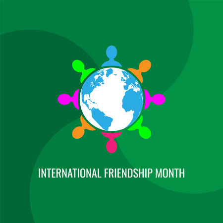 Icons of colorful people and globe symbols isolated on a green background. the concept of International Friendship Month, which is held in February. suitable for posters, backgrounds, greeting cards,のイラスト素材