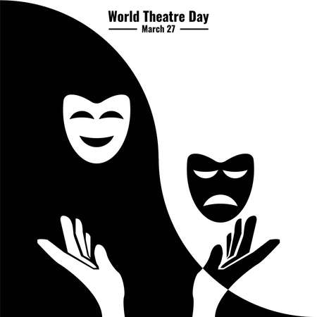 Black White Mask Icon Vector, World Theater Day Design Concept, suitable for social media post templates, posters, greeting cards, banners, backgrounds, brochures.のイラスト素材