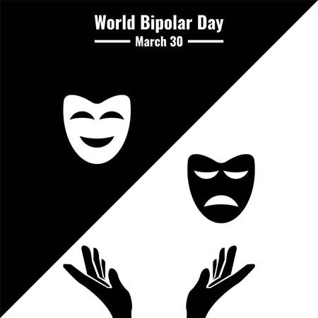 Vector Black and white mask icon, World Bipolar Day Design Concept, suitable for social media post templates, posters, greeting cards, banners, backgrounds, brochures. Vector Illustrationのイラスト素材
