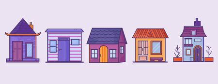 House set front view. Home icon collection vector. City Street flat design. Urban streetscape. Vector houses. Cartoon exterior architecture, touristic place, facade for illustration of business/ town-planning project, background for any cartoon sceneのイラスト素材