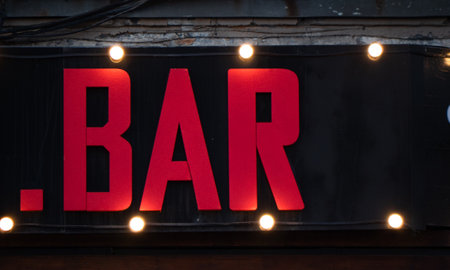 red bar sign, illuminated by lanterns. nightの写真素材