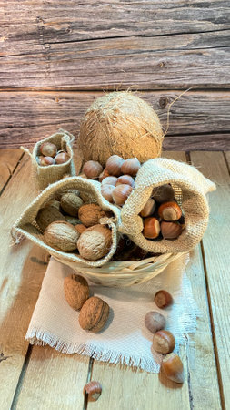Walnuts and hazelnuts in jute bags and coconuts in a wicker basketの写真素材