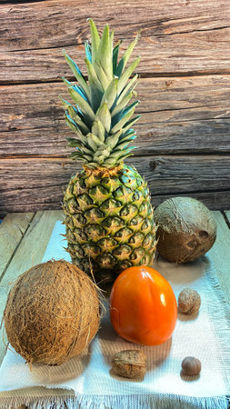 Pineapple on a jute napkin and oak boards, surrounded by coconuts, mangoes and walnuts and hazelnutsの写真素材