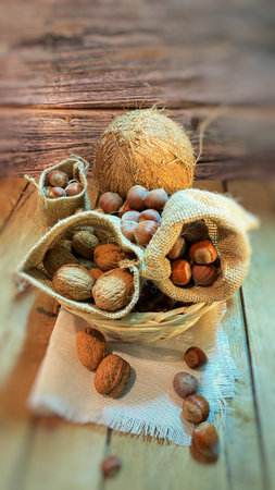 walnuts and hazelnuts in burlap bags coconuts in a wicker basketの写真素材