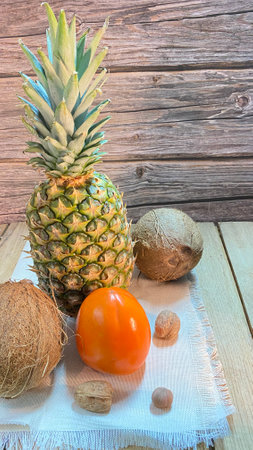 Pineapple on a jute napkin and oak boards, surrounded by coconuts, mangoes and walnuts and hazelnutsの写真素材