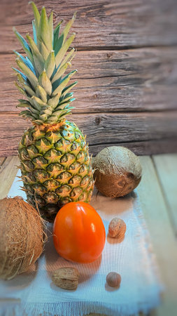 Pineapple on a jute napkin and oak boards, surrounded by coconuts, mangoes and walnuts and hazelnutsの写真素材