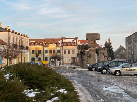 Miasto WÅodawa Lubelskie Voivodeship / Poland February 21, 2021 snow hanging from the roof of the buildingのeditorial素材