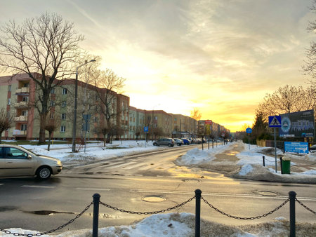 Miasto WÅodawa Lubelskie Voivodeship / Poland February 21, 2021 snow hanging from the roof of the buildingのeditorial素材