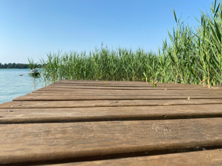 a bridge made of planks and a visible reed and a blue wooden sky over the lake near Wlodawaの写真素材