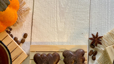 there are cups with coffee on wooden jute napkins the bottoms are gingerbreads everything is lying on a painted wooden tableの写真素材