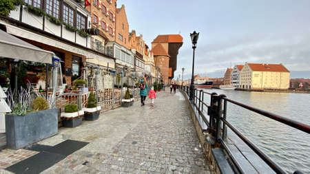 Gdansk Poland January 7, 2022. Old Town - historic buildings on the Motlawa River with a visible...