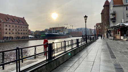 Gdansk Poland January 7, 2022. Old town, historic buildings on the Motlawa River, panoramic view