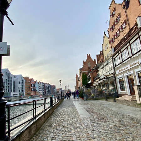Gdansk Poland January 7, 2022. Old town, historic buildings on the Motlawa River, panoramic view