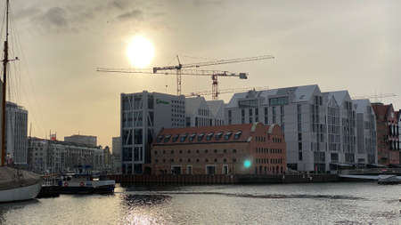 Gdansk Poland January 7, 2022. Wyspa Spichrzow on the Motlawa River Beautiful architecture of buildings next to the water canalのeditorial素材
